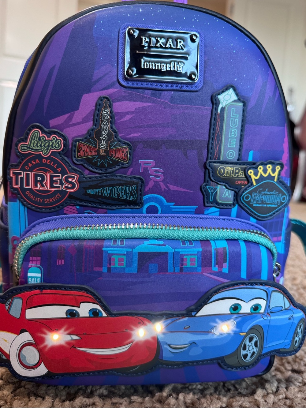 Loungefly Purple Pixar Cars Mini Backpack with Red & Blue Character Graphics - Picture 5 of 6